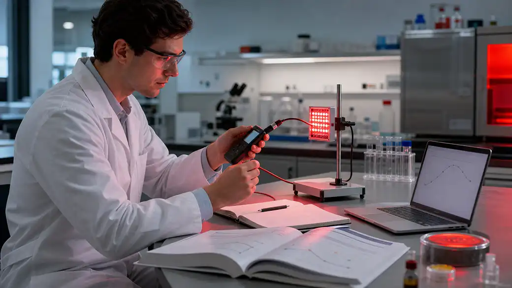 Chercheur en laboratoire mesurant un panneau LED rouge de photobiomodulation