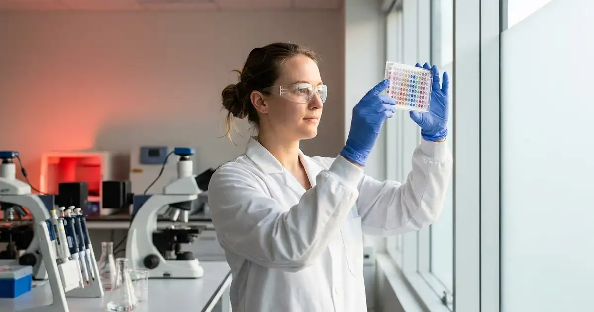 Chercheuse en laboratoire observant une microplaque, publications en photobiomodulation de juin 2026