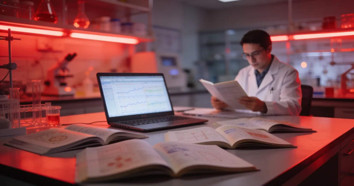 Chercheur lisant des études sur la photobiomodulation dans un laboratoire éclairé en lumière rouge